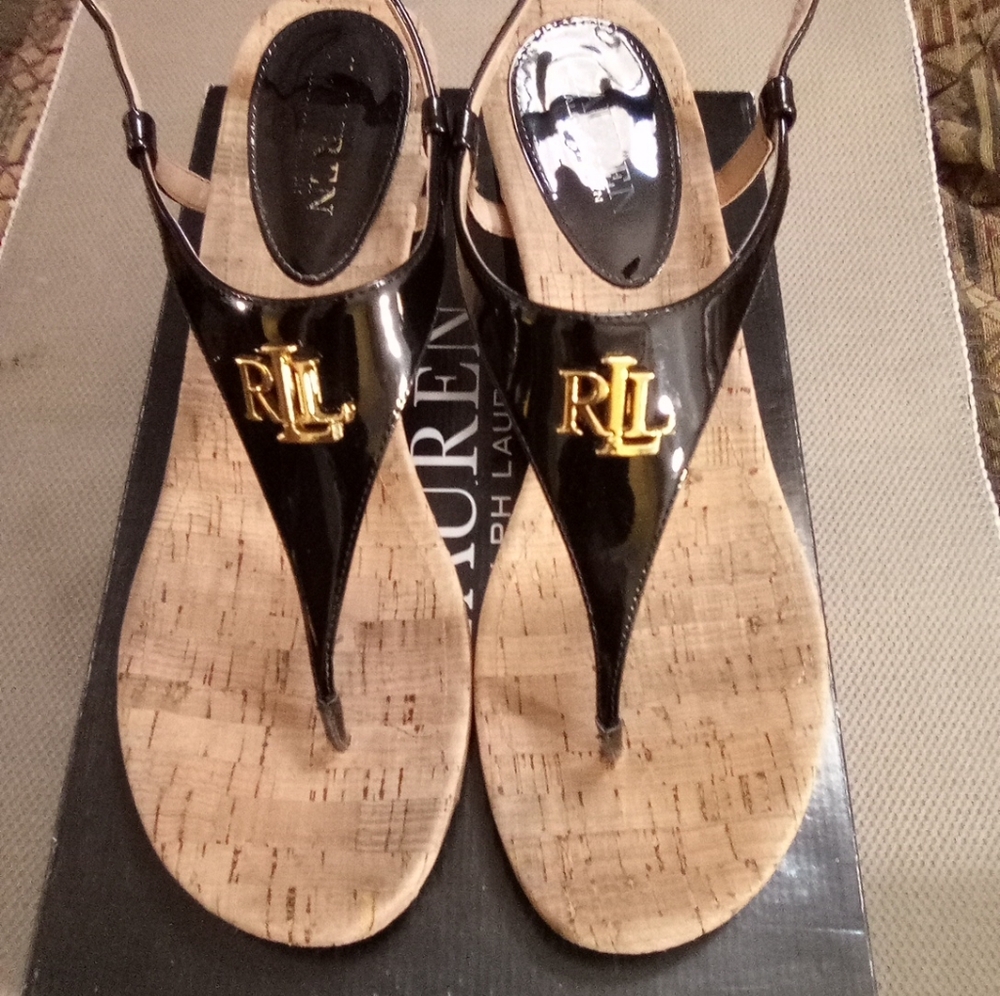 Lauren Ralph Lauren Black & Gold Jeannie Thong Wedge Sandals Size 10B